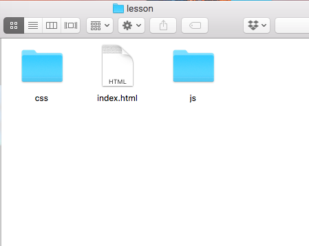 lessonフォルダに空のindex.html、css・jsフォルダを作成する